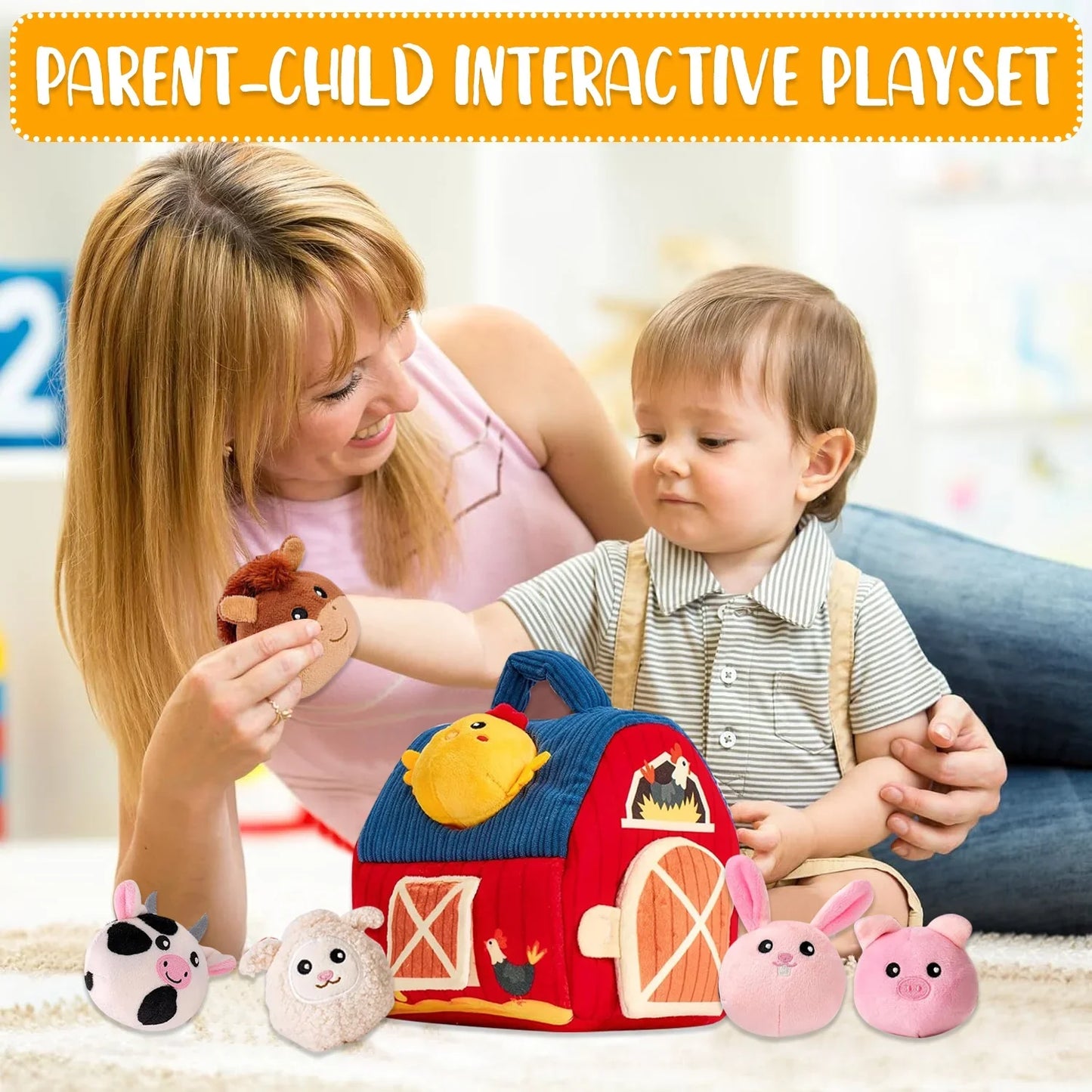 Baby Toy 6-12 Months - Surprise Barn Plush Farm Animals with Rattles, Crinkle Sounds, Mirror