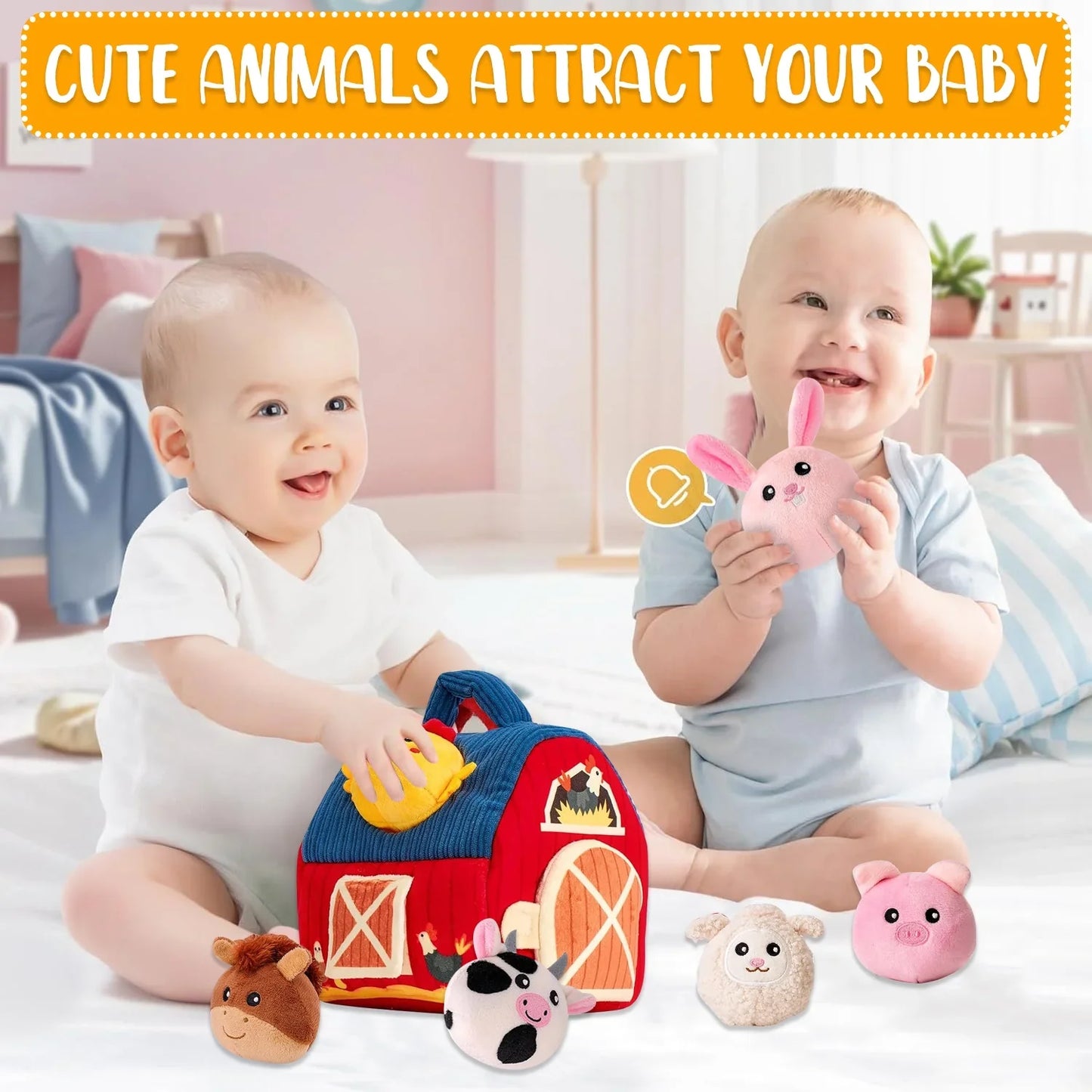 Baby Toy 6-12 Months - Surprise Barn Plush Farm Animals with Rattles, Crinkle Sounds, Mirror