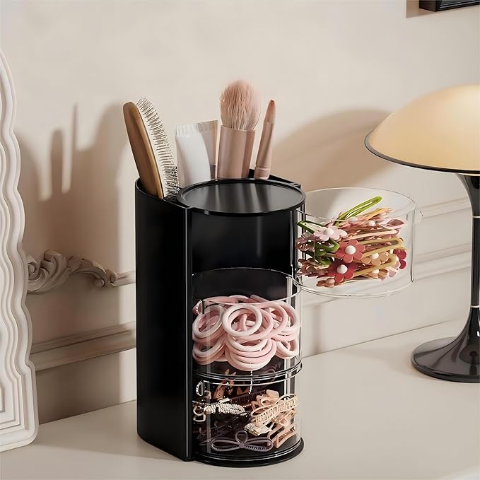 Hair accessory organizer with hairbrush holder and rotating makeup brush holder