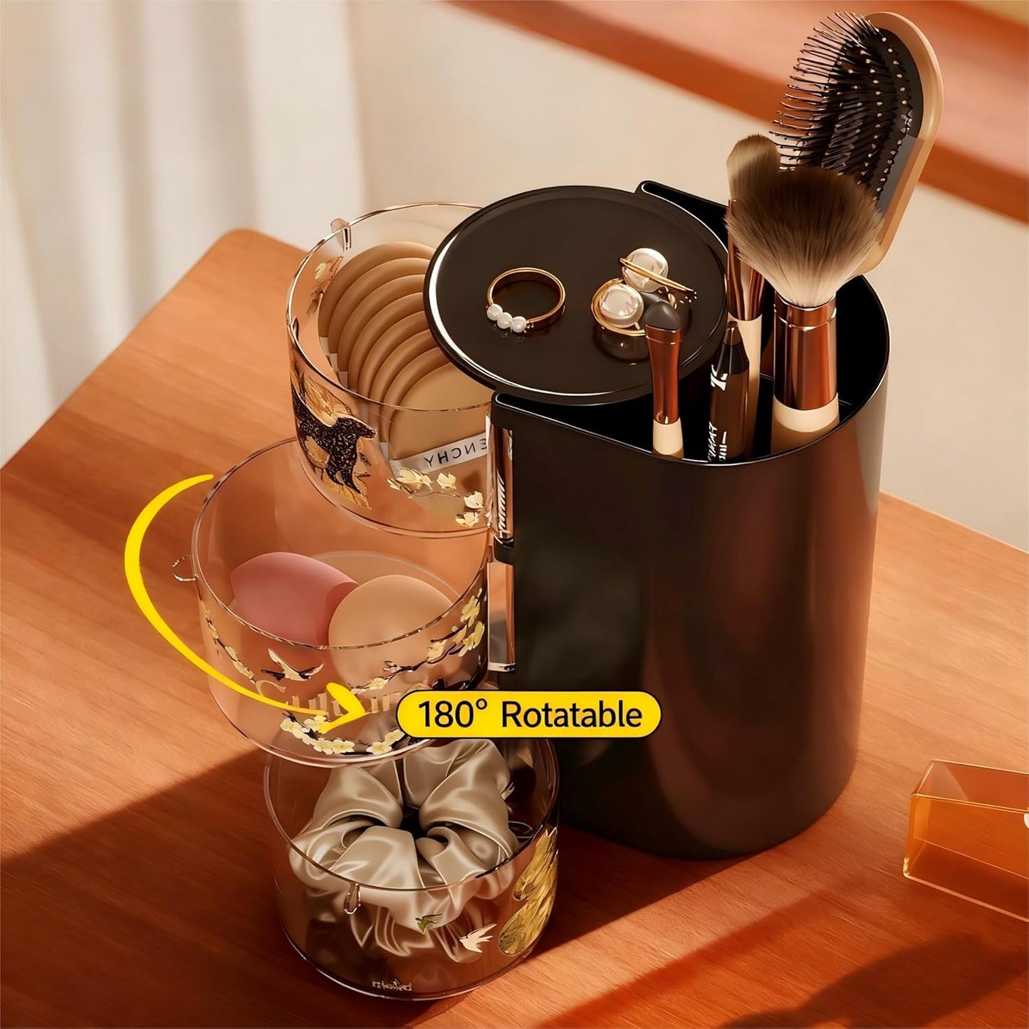 Hair accessory organizer with hairbrush holder and rotating makeup brush holder