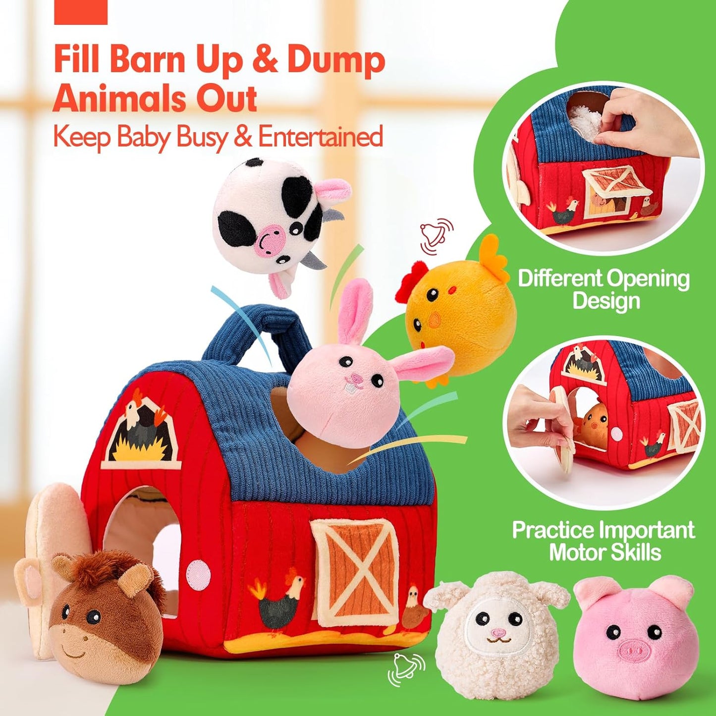 Baby Toy 6-12 Months - Surprise Barn Plush Farm Animals with Rattles, Crinkle Sounds, Mirror