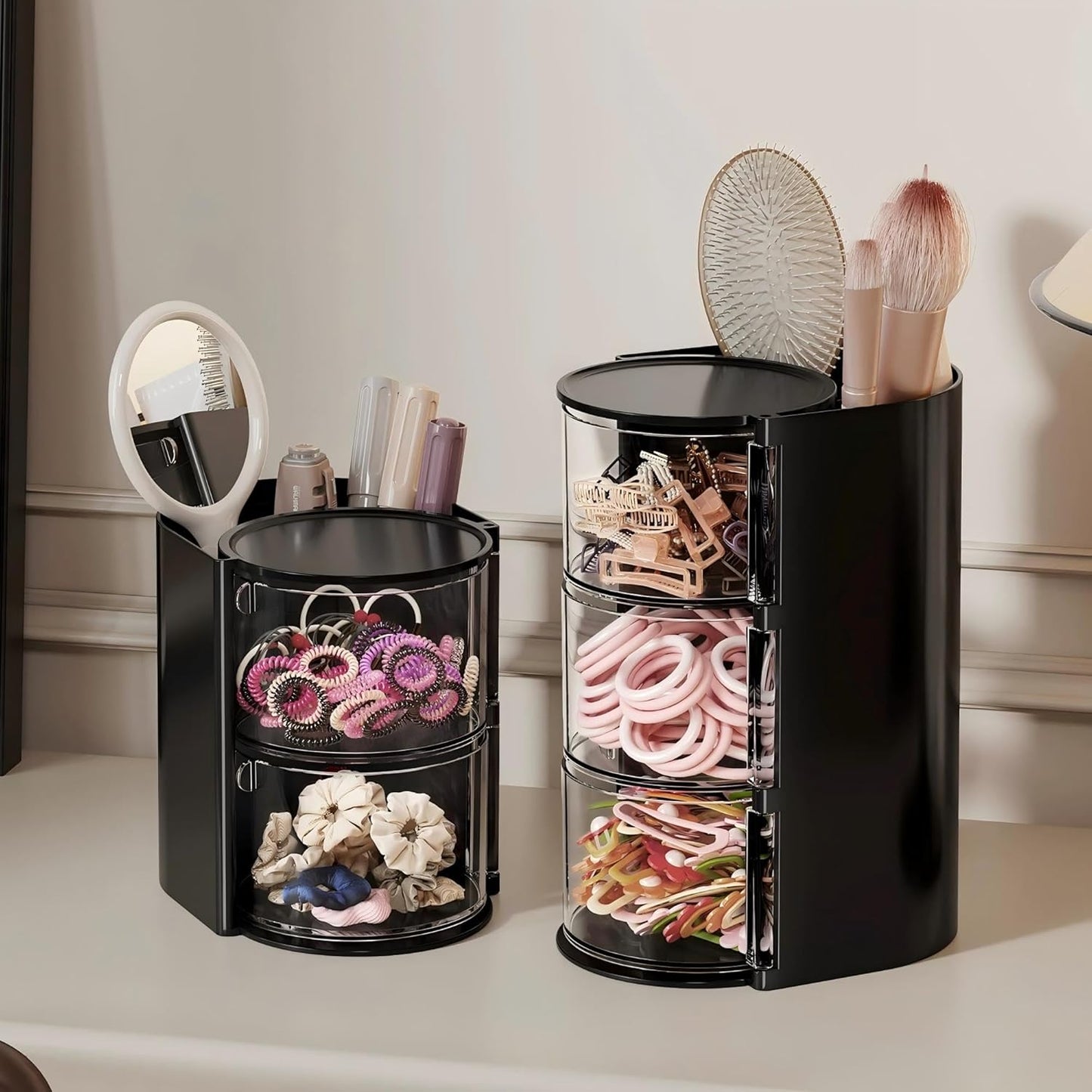 Hair accessory organizer with hairbrush holder and rotating makeup brush holder